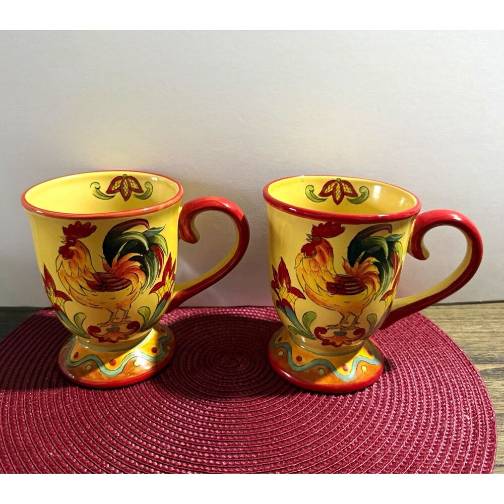 Maxcera Hand Painted Rooster Coffee Mugs Set of 2 Yellow Red Ceramic 5” Tall